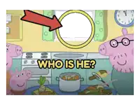 a peppa pig cartoon asking who is he in the kitchen