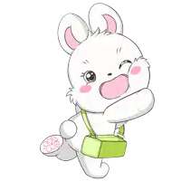 a cartoon of a white rabbit with a green purse and two pink hearts