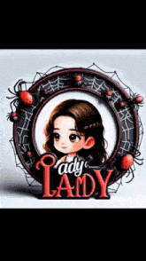 a picture of a girl in a circle with spiders and the word lady on it