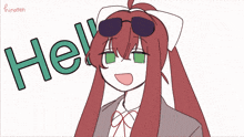 a drawing of a girl wearing sunglasses with the words hello yeah behind her