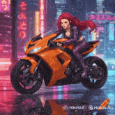 a cartoon of a woman riding a motorcycle with the words minimax and haliuo ai below her