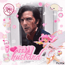 a picture of a man with blood on his face and the words " my husband " in pink