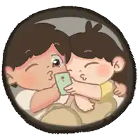 a cartoon of a boy kissing another boy on the cheek while looking at a cell phone