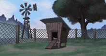 a cartoon drawing of a chicken coop in front of a windmill