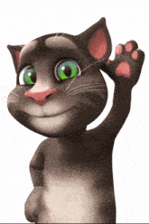a cartoon cat with green eyes is waving his hand