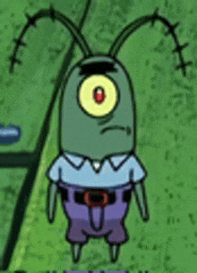 plankton from spongebob squarepants is wearing a blue shirt and purple pants and has one eye .