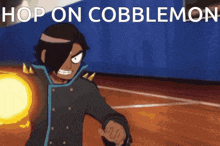 a cartoon character with the words hop on cobblemon written above him
