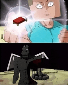 a cartoon of a man holding a bed and a cartoon of a dragon holding a bloody heart