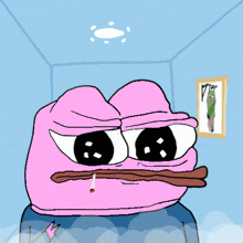 a pink frog smoking a cigarette in a bathroom