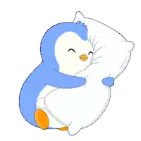 a penguin is hugging a white pillow with its eyes closed