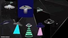 a collage of images of flying saucers with the caption " memes giggles " at the bottom