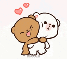 a brown and white teddy bear hugging each other with hearts flying around them .