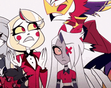 a group of cartoon characters are standing next to each other and one of them has a cross on her face