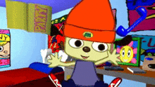 a cartoon character is sitting in a room with posters on the wall including one that says ' xerox '