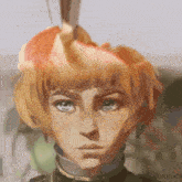 a close up of a person 's face with a ponytail on their head