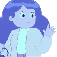 a cartoon character with blue hair is wearing a white jacket