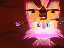 a cartoon drawing of a fox with a jet flying in the background