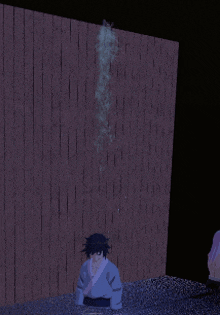 a person is standing in front of a wooden wall with smoke coming out of it