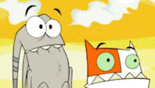 two cartoon characters are standing next to each other with their mouths wide open