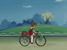 a girl in a red dress is riding a red bike