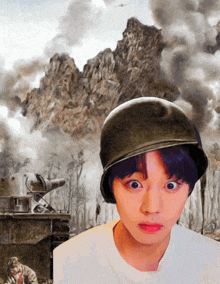a painting of a man wearing a helmet with a tank in the background