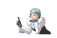 a cartoon of a woman with blue hair pointing up