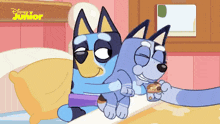 two blue cartoon dogs are hugging each other in a bedroom with disney junior in the background