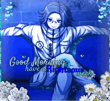 a picture of a boy sitting on a blue chair with the words good morning have a righteous week