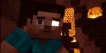 a minecraft character standing in front of a fire