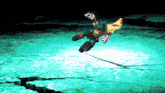 a cartoon character is flying through the air on a green surface