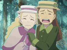 two girls are standing next to each other one is crying