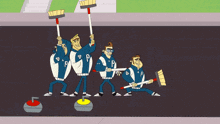 a group of cartoon characters with the letter p on their sleeves