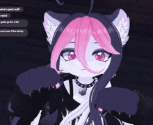 a cartoon character with pink hair and a choker says " what a great outfit " and " gotta go for a bit "