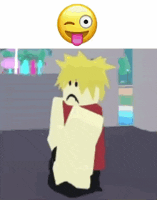 a cartoon character with yellow hair is sticking his tongue out next to a smiley face .