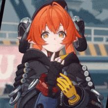 a girl with orange hair is wearing a black jacket and yellow gloves with nyk on them