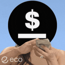 a woman is holding a stack of money with a dollar sign on her face