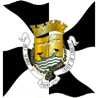 a black and white flag with a coat of arms and the words sempre leal