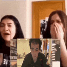 a man and a woman are having a video call and the woman is wearing a shirt that says ' infinite ' on it