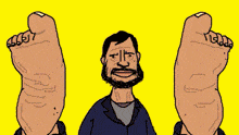 a cartoon drawing of a man with a beard and big feet on a yellow background