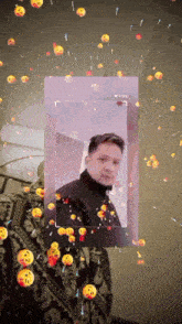 a man in a black turtleneck is surrounded by smiley faces and the number 8765