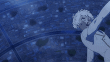 a person with white hair is flying through the air with their arms outstretched