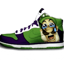 a pair of green and purple sneakers with a picture of mario crying on them