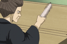 a cartoon drawing of a woman holding a white object in her hand