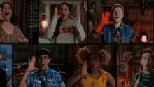 a group of people are having a video call and dancing together .