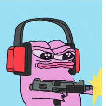 a pink frog wearing red ear muffs and holding a gun