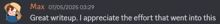 a screenshot of a text message that says " great writeup appreciate the effort that went into this "