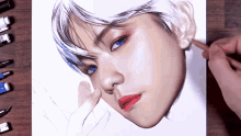 a drawing of a person 's face with blue eyes and red lips