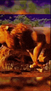 a painting of a lion with a purple background