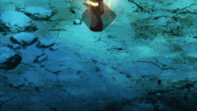 a painting of a person swimming in a lake