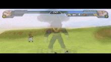a video game is being played with a character named vegeta standing in the middle of a field .